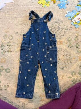 Hanna Andersson Blue Denim Overalls with White & Yellow Floral Embroidery